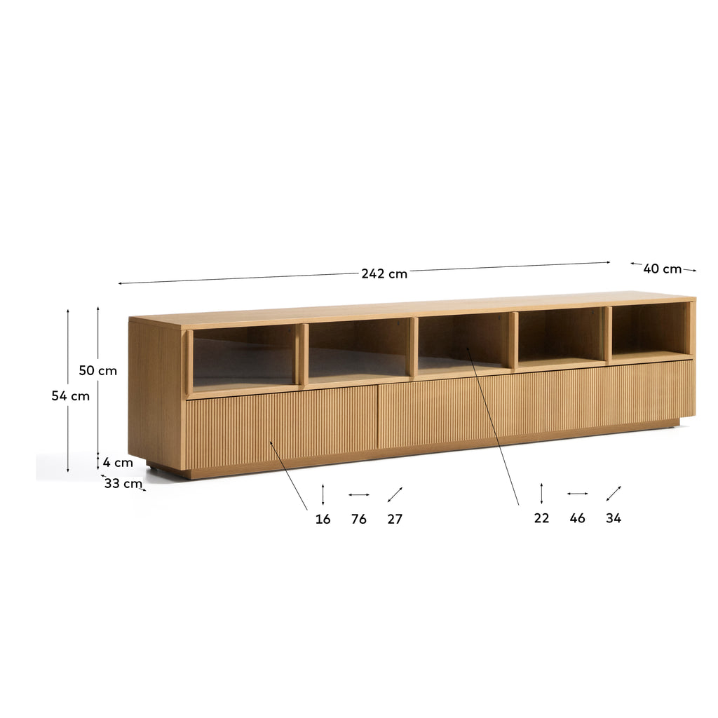 Helvine 5-door, 3-drawer TV stand in oak veneer and tempered glass 245x53,5cm FSC 100%