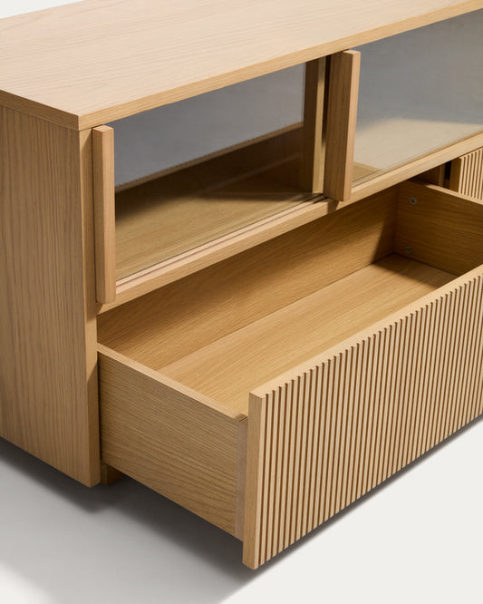 Helvine 5-door, 3-drawer TV stand in oak veneer and tempered glass 245x53,5cm FSC 100%