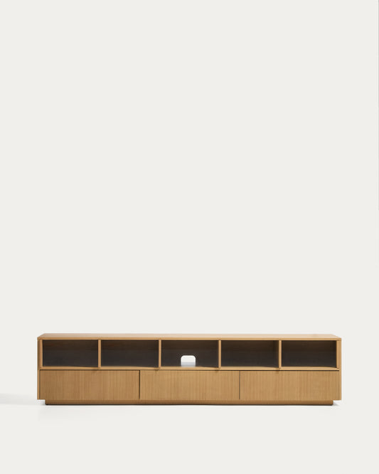 Helvine 5-door, 3-drawer TV stand in oak veneer and tempered glass 242x53,5cm FSC 100%