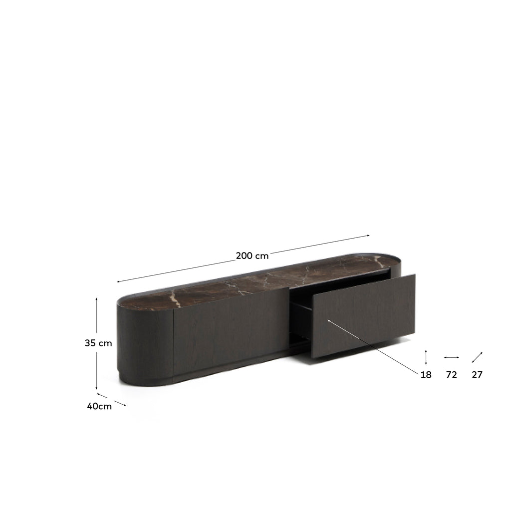 Nemore TV stand with 2 oak veneer drawers and Emperador marble-effect ceramic top, FSC Mix Credit, 200 x 35 cm