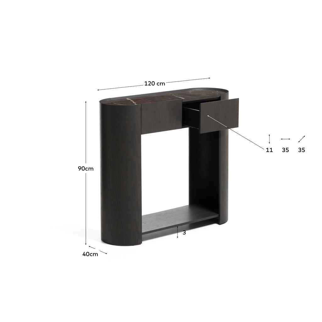 Nemore console table with 2 oak veneer drawers and Emperador marble-effect ceramic top, FSC Mix Credit, 120 x 90 cm