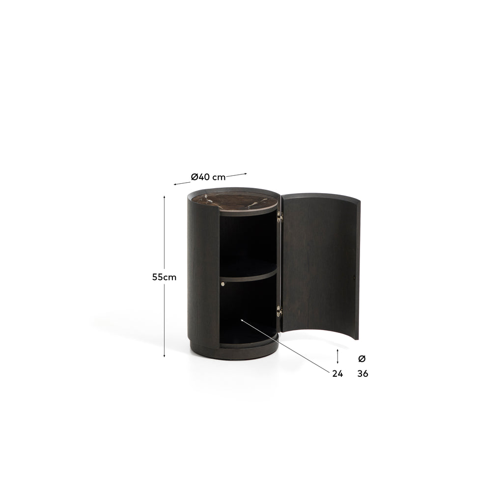 Nemore bedside table with 1 oak veneer drawer and Emperador marble-effect ceramic top, FSC Mix Credit, Ø 40 cm