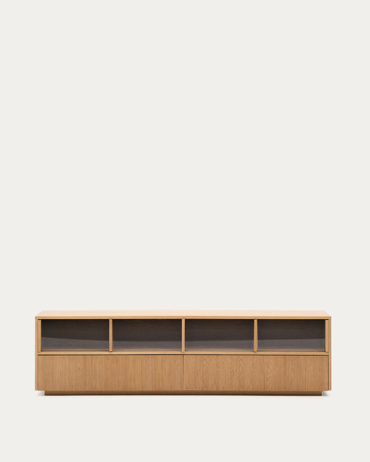 Helvine TV stand 4 doors and 2 drawers oak veneer and tempered glass, 200 x 54 cm FSC 100%