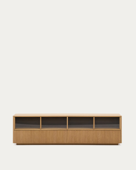 Helvine TV stand 4 doors and 2 drawers oak veneer and tempered glass, 200 x 54 cm FSC 100%
