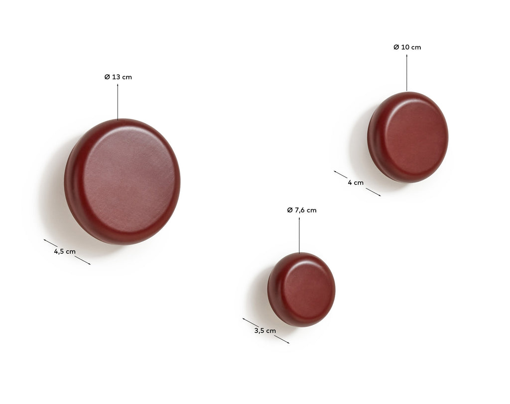 Nadue set of 3 solid beech wood wall hooks with a maroon finish