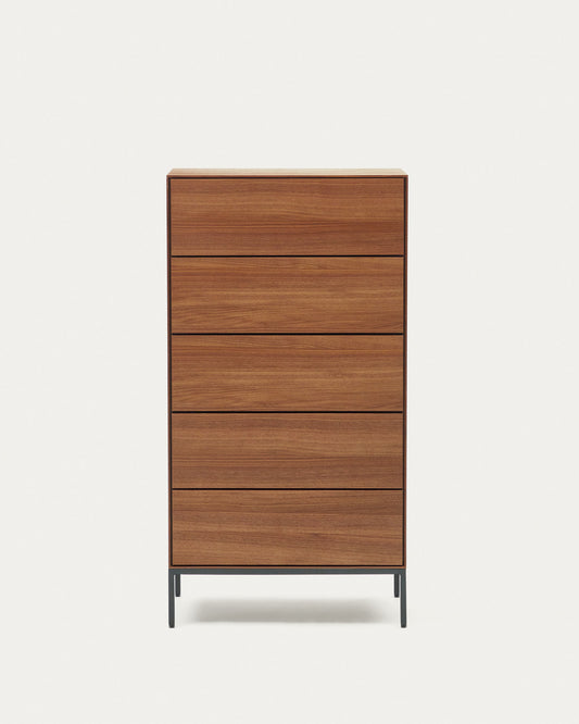 Vedrana 5 drawer chest of drawers in walnut veneer with black steel legs, 60 x 114 cm