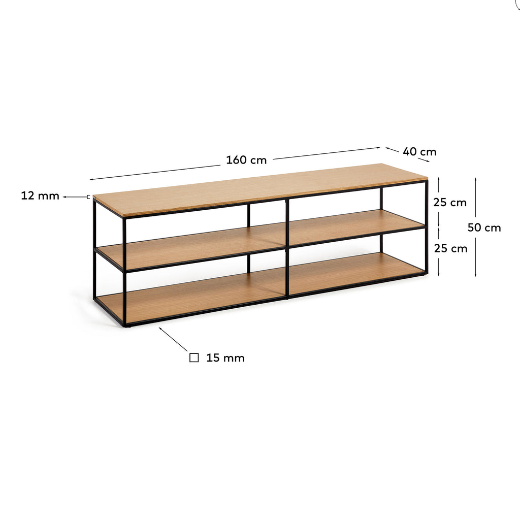 Yoana TV stand with an oak wood veneer and painted black metal structure, 160 x 40 cm