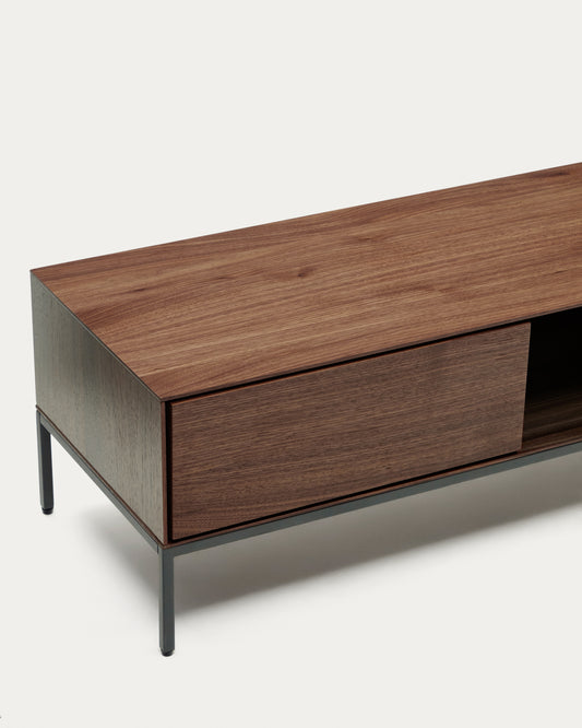 Vedrana 3 drawer TV stand in walnut veneer with black steel legs, 195 x 35 cm
