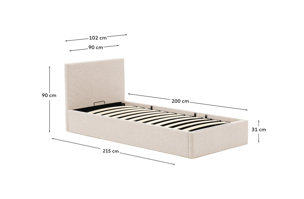 Nahiri beige chenille lift-up storage bed for a 90 x 200 cm mattress