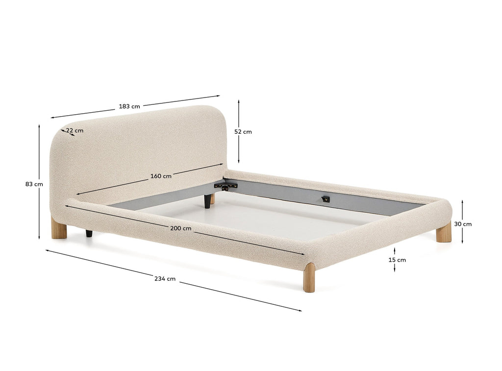 Odina ecru bouclé bed with removable cover and solid ash wood legs with natural finish for 160 x 200cm mattress