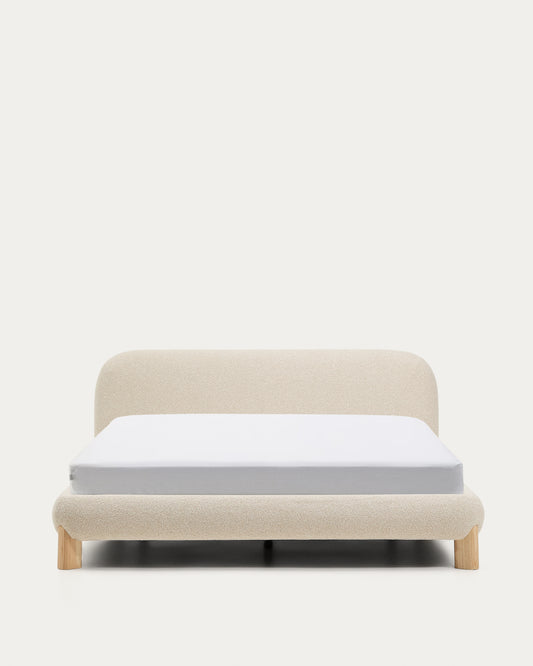 Odina ecru bouclé bed with removable cover and solid ash wood legs with natural finish for 160 x 200cm mattress
