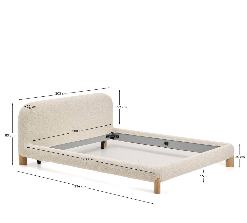 Odina ecru bouclé bed with removable cover and solid ash wood legs with natural finish for 180 x 200cm mattress