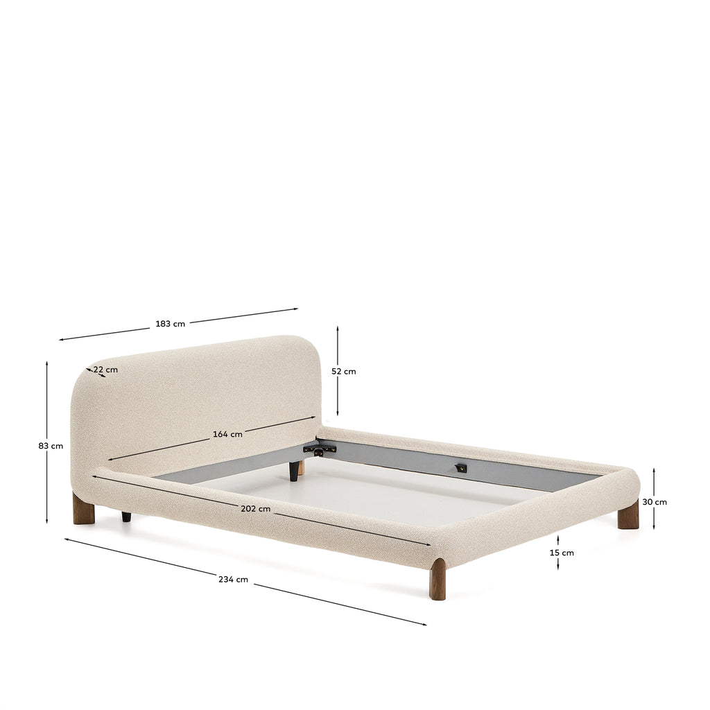 Odina ecru bouclé bed with removable cover and solid ash wood legs with walnut finish for 160 x 200cm mattress