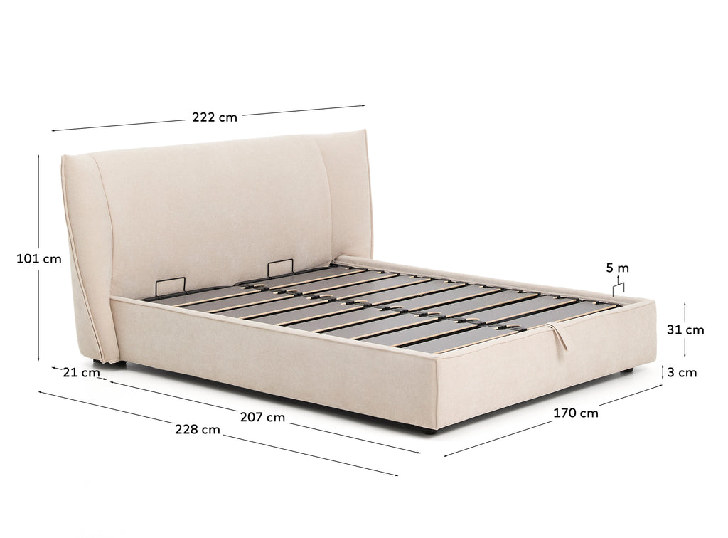 Arvian beige chenille removable-cover bed with lift-up storage base for a 160 x 200 cm mattress