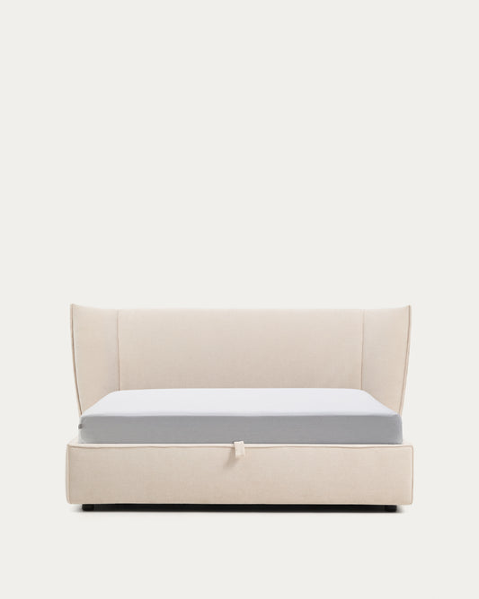 Arvian beige chenille removable-cover bed with ottoman base for a 160 x 200 cm mattress