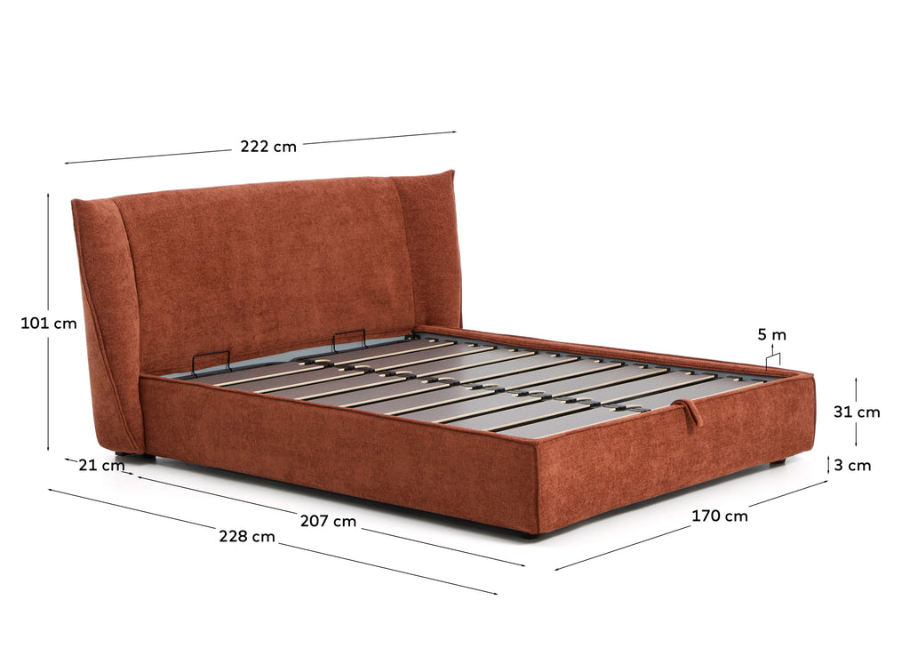 Arvian terracotta chenille removable-cover bed with ottoman base for a 160 x 200 cm mattress FSC 100%