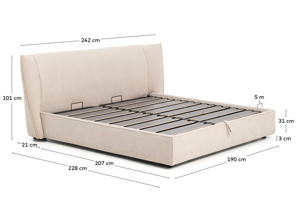 Arvian beige chenille removable-cover bed with lift-up storage base for a 180 x 200 cm mattress