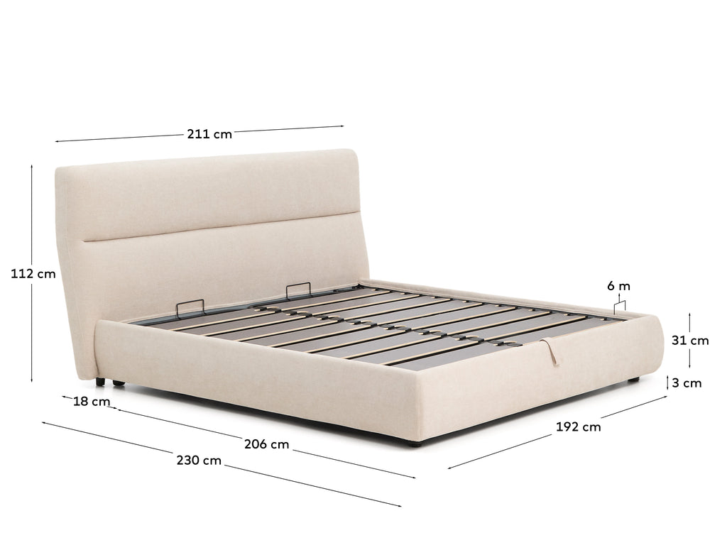 Dafra beige chenille removable-cover bed with lift-up storage base for 180 x 200 cm mattress