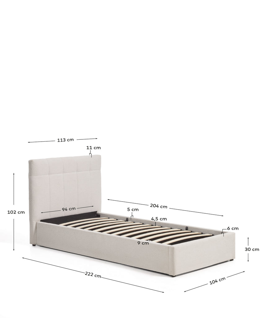 Darnela ecru chenille bed with folding storage base for 90 x 200cm mattress