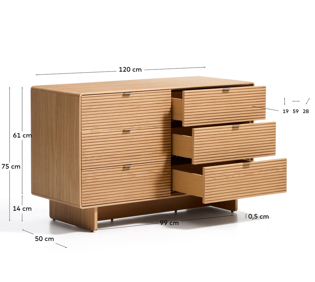 Norlen 6-drawer chest of drawers in oak veneer with natural finish FSC Mix Credit 120 x 75 cm