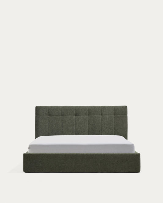 Darnela moss green chenille bed with folding storage base for 160 x 200cm mattress