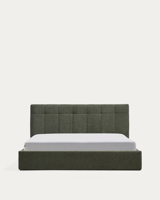 Darnela moss green chenille bed with folding storage base for 180 x 200cm mattress