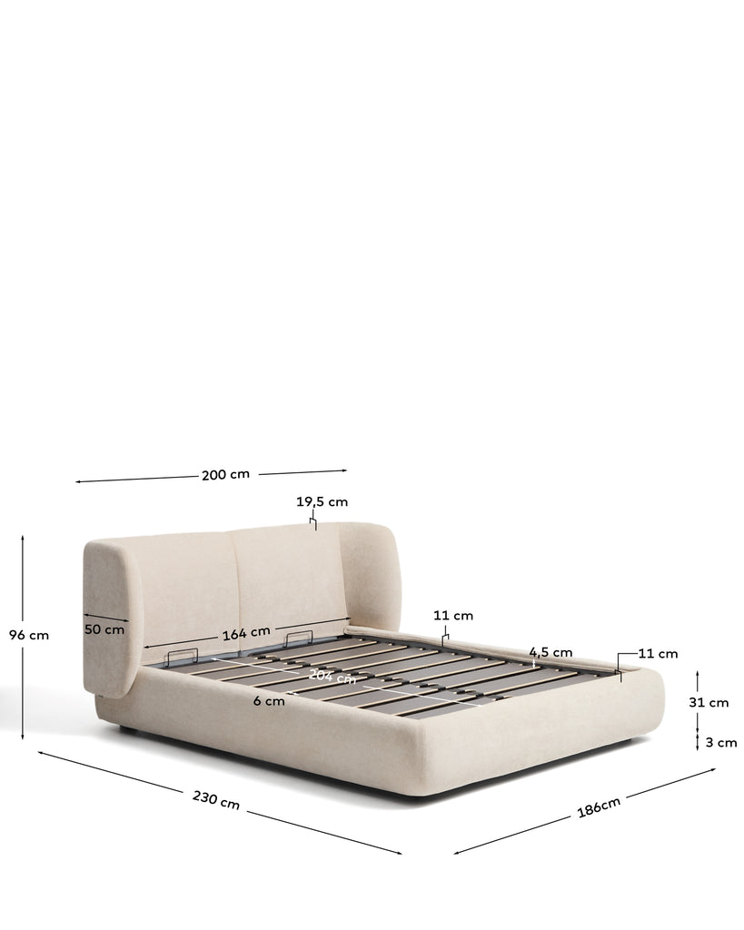 Nerla bed with removable covers and ottoman bed base in beige chenille for a 160 x 200 cm mattress FSC 100%