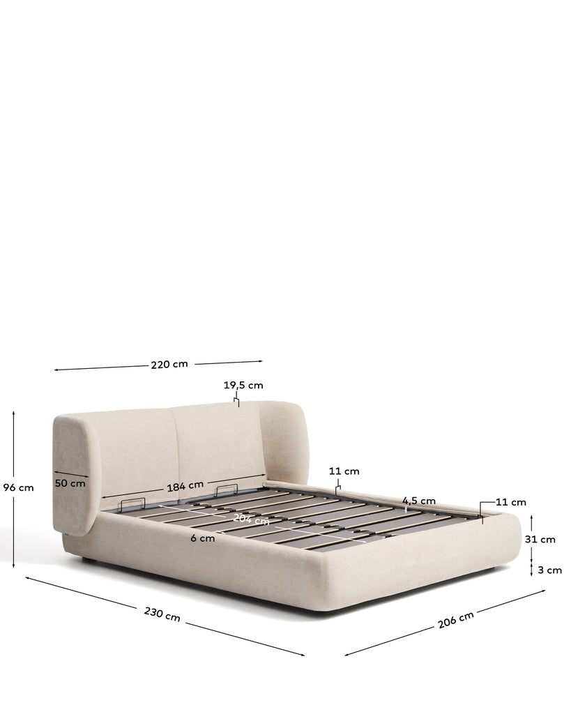 Nerla beige chenille bed with removable covers and folding storage base for 180 x 200 cm mattress FSC 100%