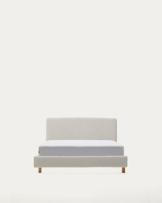 Pearl chenille Valma bed with removable cover and solid beech wood legs for a 90 x 200 cm mattress