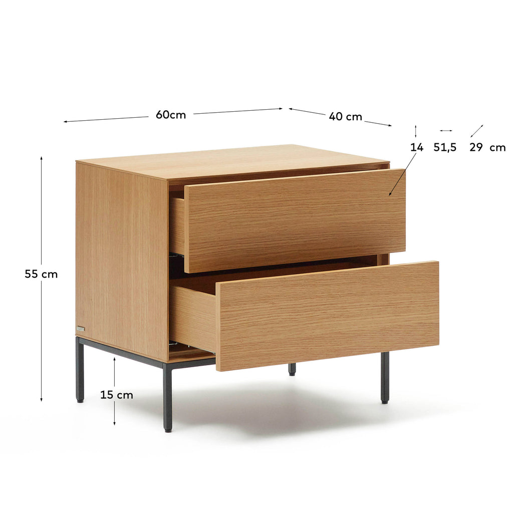 Vedrana beside table, 2 oak veneer drawers, and black steel legs, 60 x 55 cm
