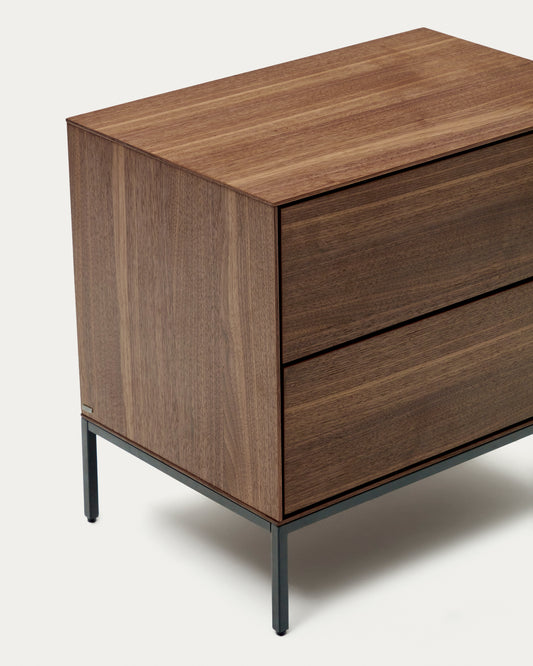 Vedrana bedside table, 2 walnut veneer drawers, and black steel legs, 60 x 55 cm