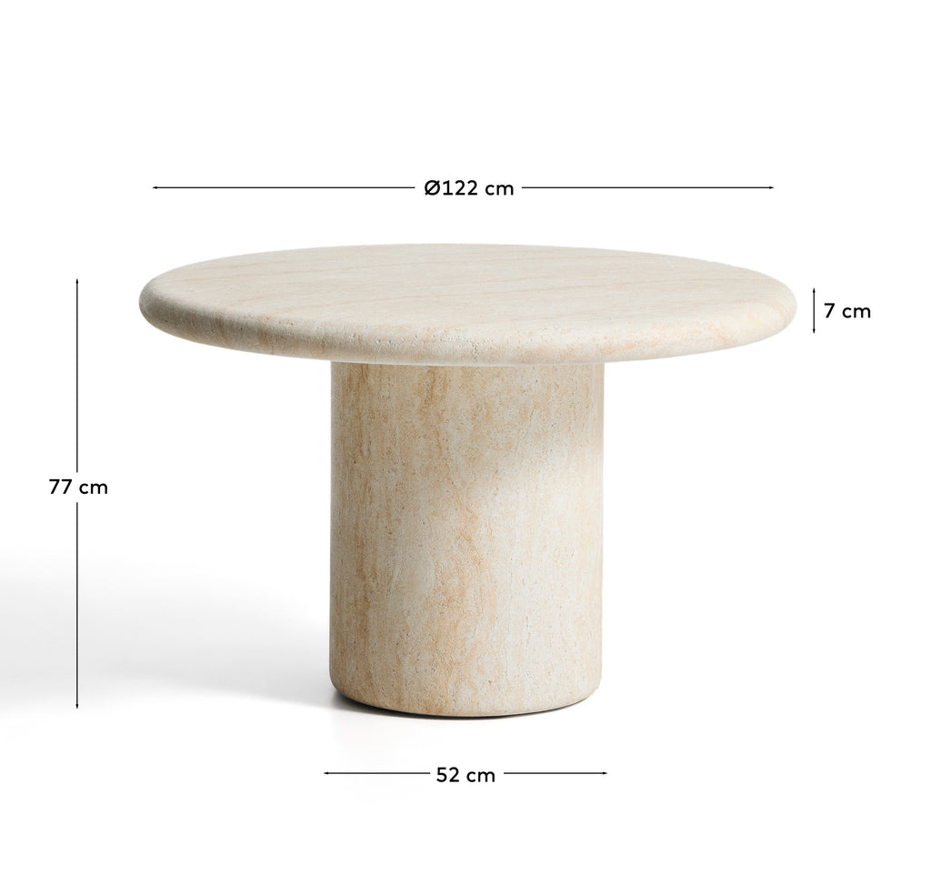 Drasi round concrete table with travertine-effect finish Ø122cm