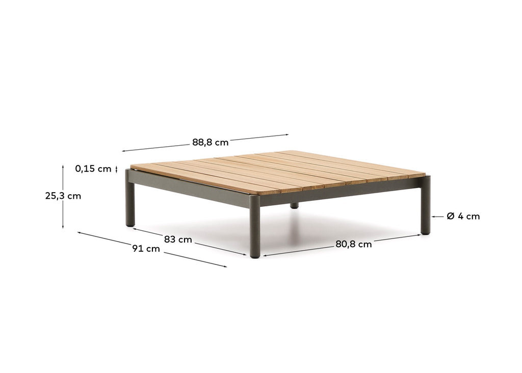 Sorells coffee table in green aluminum and teak wood 89 x 91 cm FSC 100%
