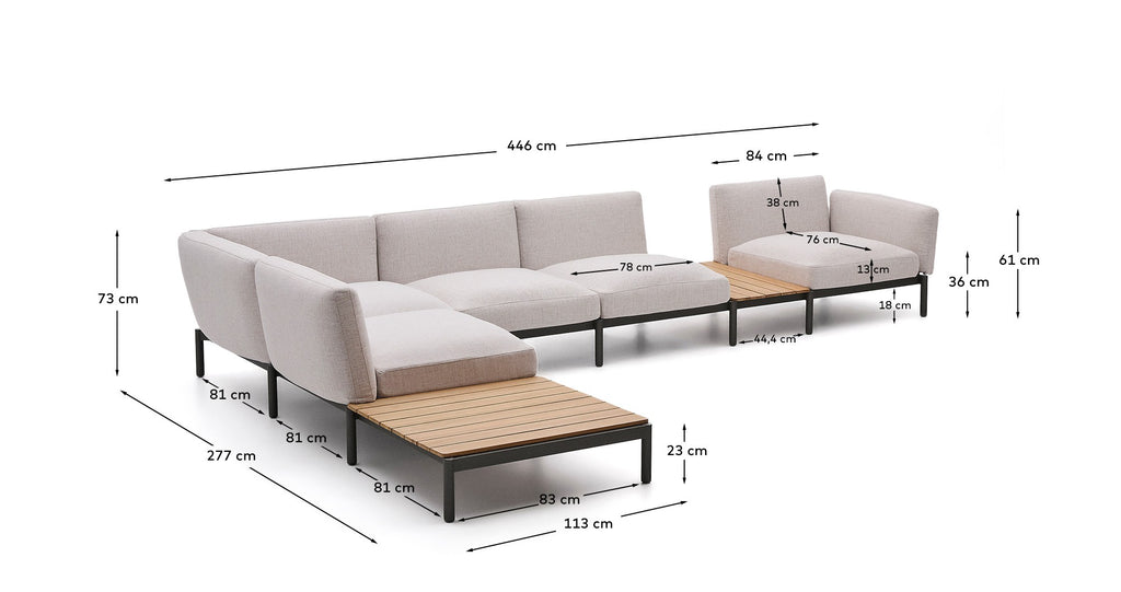 Sorells outdoor modular 5-seater corner sofa with beige upholstery and grey aluminium with teak tables 277 x 446cm FSC 100%