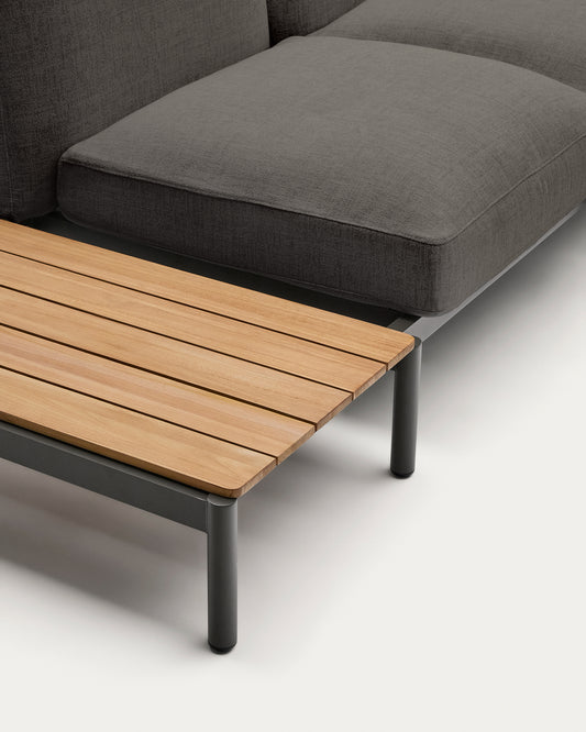 Sorells outdoor modular 4-seater corner sofa with grey upholstery and grey aluminium with teak table 353 x 316.5cm FSC 100%