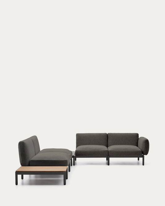 Sorells outdoor modular 4-seater corner sofa with grey upholstery and grey aluminium with teak table 353 x 316.5cm FSC 100%