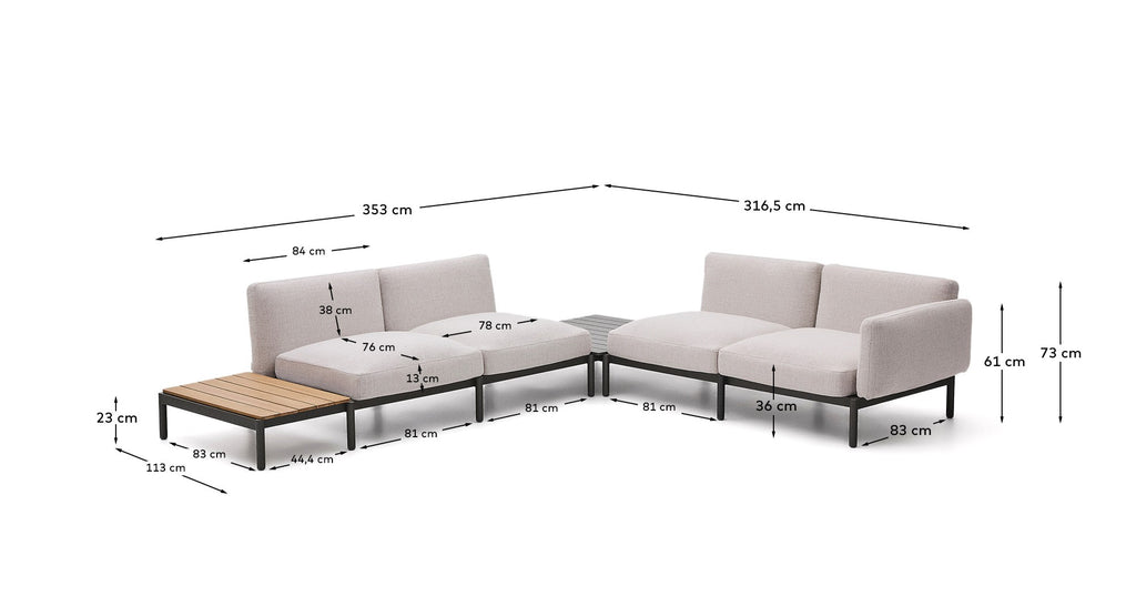 Sorells outdoor modular 4-seater corner sofa with beige upholstery and grey aluminium with teak table 353 x 316.5cm FSC 100%