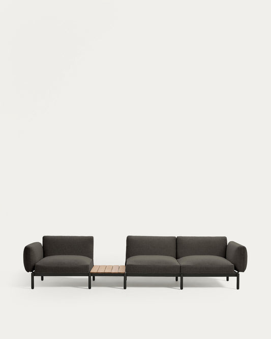Sorells outdoor modular 3-seater sofa with grey upholstery and grey aluminium with teak table 341 x 113cm FSC 100%