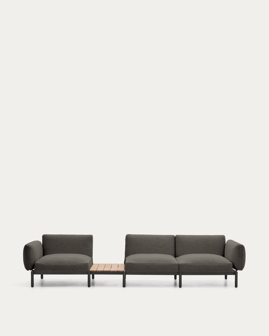 Sorells outdoor modular 3-seater sofa with grey upholstery and grey aluminium with teak table 341 x 113cm FSC 100%