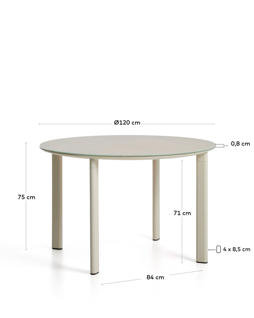 Erice round table in aluminium and ecru tempered glass Ø120 cm