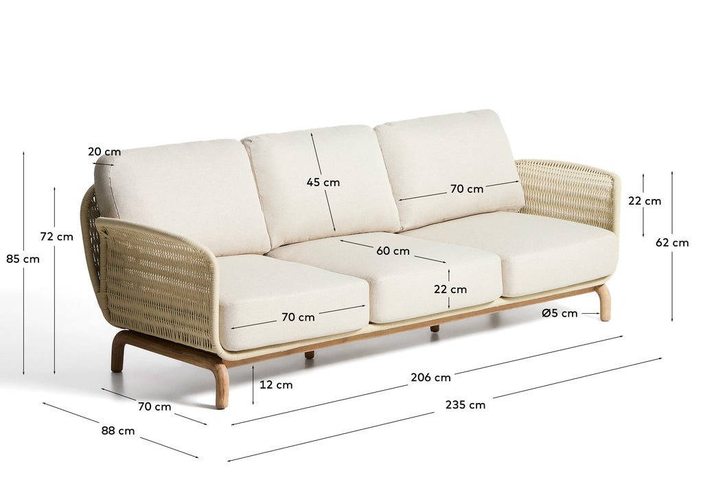 Alipa 3-seater sofa in solid acacia wood and ecru rope cord 235 cm FSC 100%