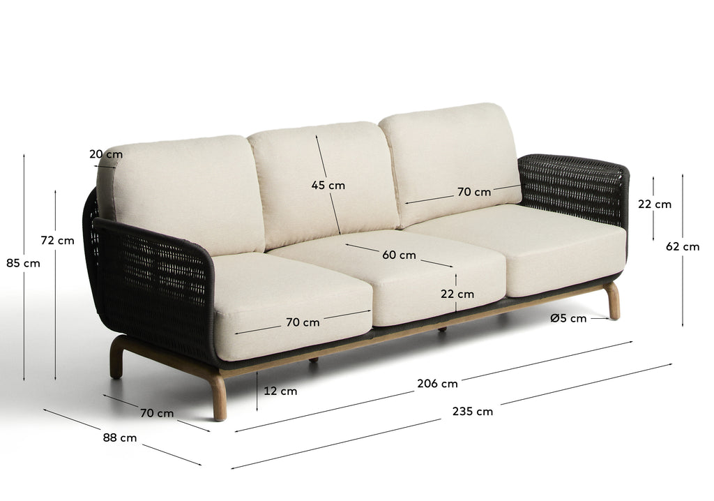 Alipa 3-seater sofa in solid acacia wood and dark grey rope cord 235 cm FSC 100%