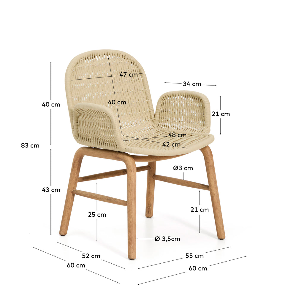 Alipa chair with armrests in FSC 100% solid acacia wood and ecru rope cord