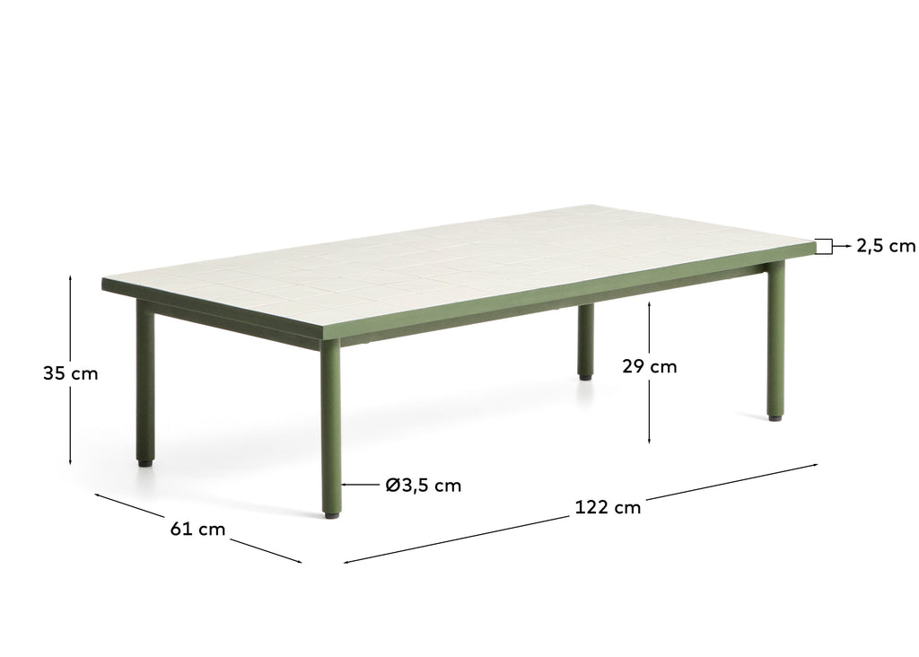 Maurina coffee table in green galvanised steel with ecru tiles 122 x 61cm