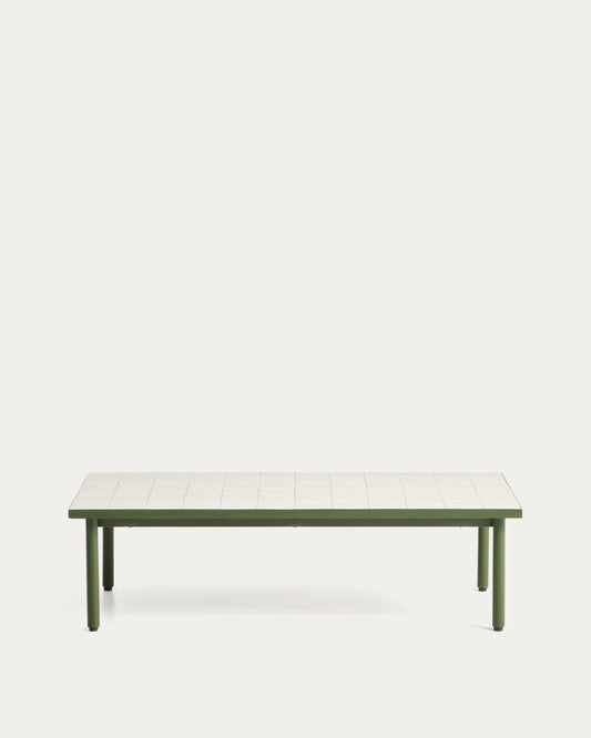 Maurina coffee table in green galvanised steel with ecru tiles 122 x 61cm