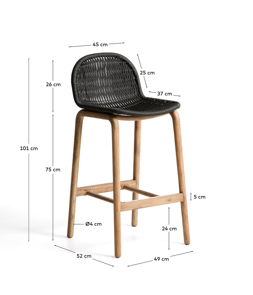 Alipa stool in FSC 100% solid acacia wood and dark grey rope cord 75 cm