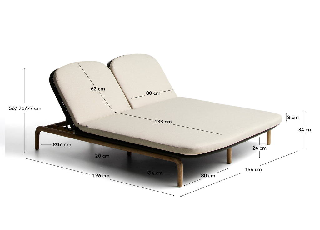 Alipa double sun lounger in FSC 100% solid acacia wood and dark grey rope cord