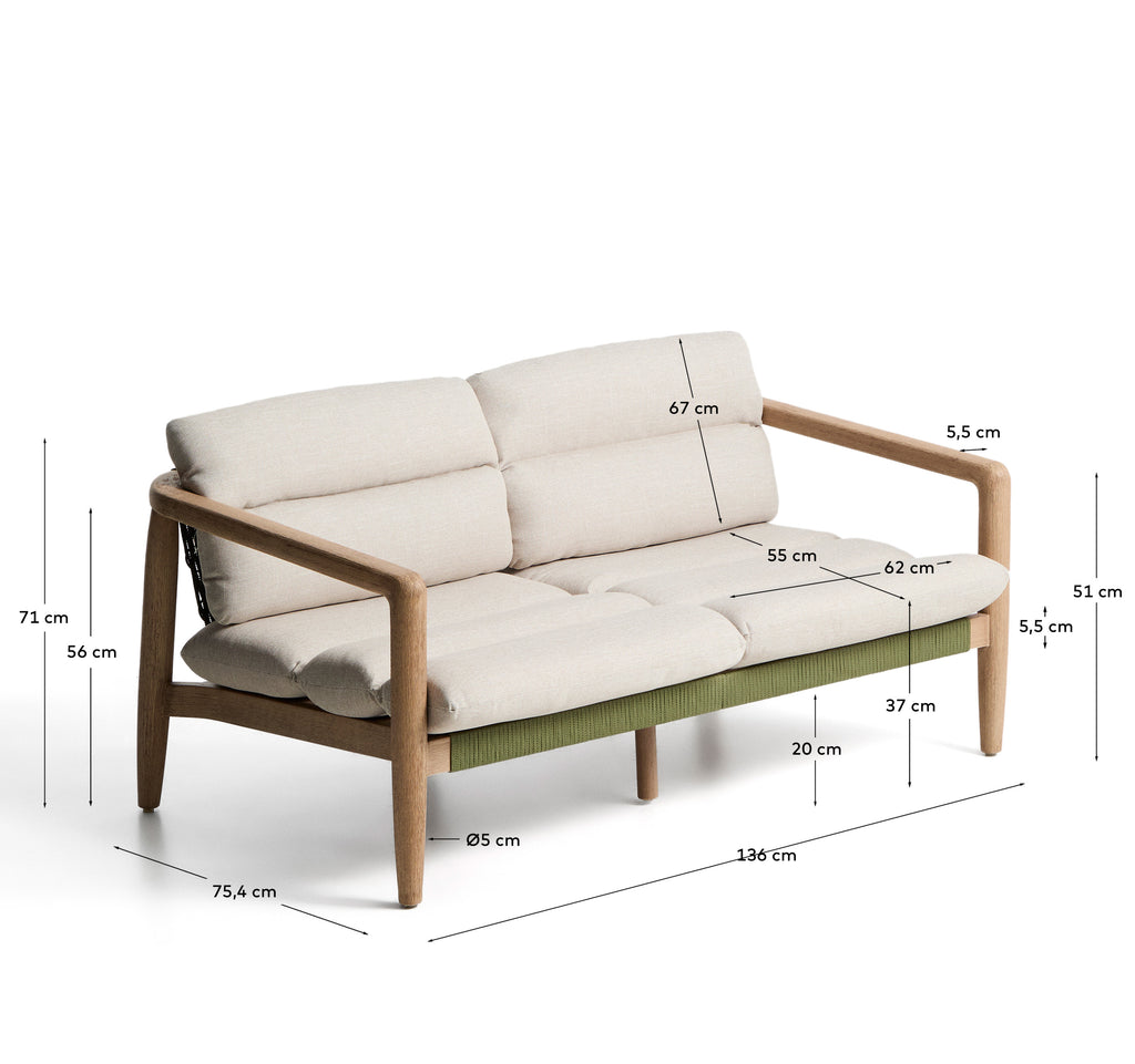 Menfi 2-seater sofa in solid acacia wood and green rope cord 136 cm FSC 100%