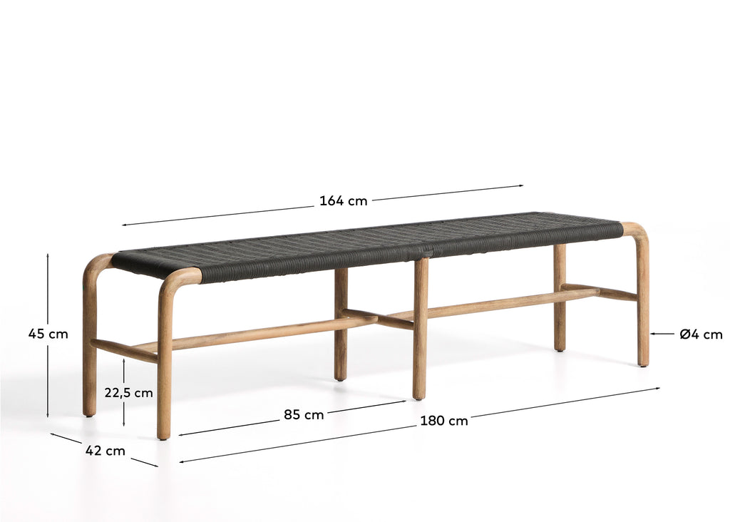 Alipa bench in FSC 100% solid acacia wood and dark grey rope cord 200 cm