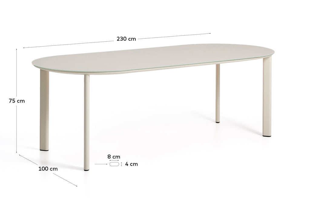 Erice oval table in aluminium and ecru tempered glass 230 x 100 cm